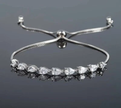 4Ct Pear Cut Lab Created Diamond Women's Bolo Bracelet 14K White Gold Plated - Image 1 of 4