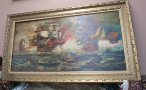 Antique Original Signed Nautical Naval Battle Oil Painting 24"x48" Van Thozen ? - Picture 1 of 12