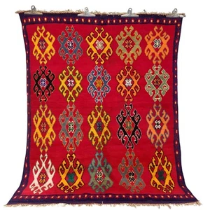 Vintage Handmade Moroccan Red Rug Berber Geometric Fringe Tribal Wool Carpet - Picture 1 of 24