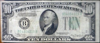 1934A ERROR $10 3rd Print Shift FINE Federal Reserve Bank Note F Currency - Image 1 of 4