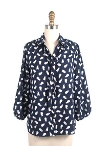 Sample Sale S FROCK SHOP Navy Blue Bunny Rabbit Blouse w 3/4 Sleeves & Tie - Picture 1 of 6