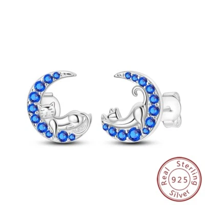 Pendientes de plata esterlina MULA S925 azul AAA CZ gato luna para mujer joyería Foto 1 de 4