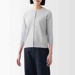 MUJI Womens 100% Cotton UV Resistant 3/4 Sleeve Crew Neck Cardigan Gray FedEx