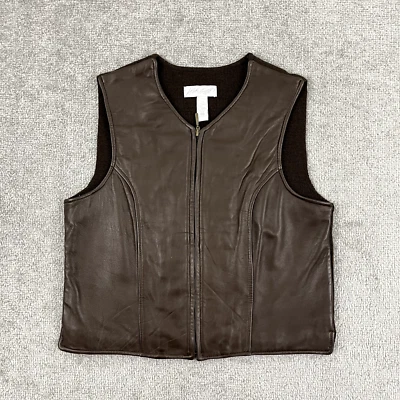 LORD & TAYLOR Vest Womens Size 10 S/M Cropped Brown Leather Wool Blend Full Zip - Image 1 of 4