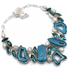 Spectacular Blue Solar Agate Pearl Gemstone Handmade Big Necklace  75 Gms - Picture 1 of 4