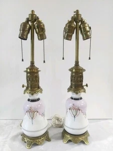 Awesome Pair Antique Victorian handpainting ceramic with Brass Lamps ( tall 26") - Picture 1 of 10