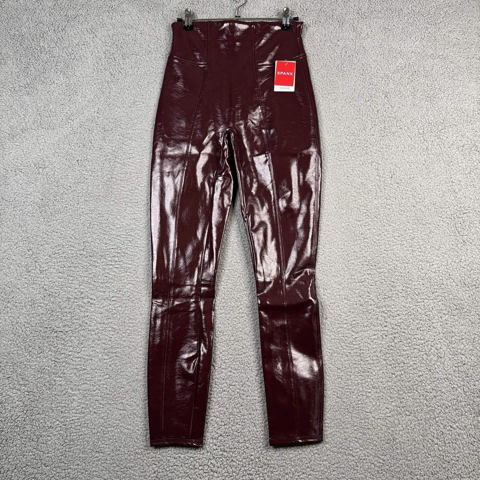 SPANX Leggings Women's Size Medium Ruby Red Faux Patent Leather High Rise Ankle