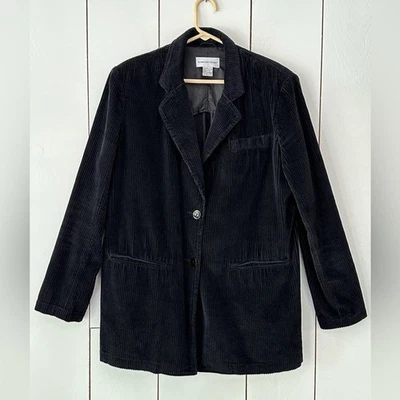 Jaqueta Blazer Feminina de Veludo Newport News Antiga Tamanho 16 serve G-XL Preta 100% Algodão - Imagem 1 de 4