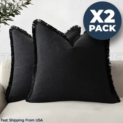 Set of 2 Linen Throw Pillow Covers Trimmed Cushion Covers 18 x 18 Inch Farmhouse - Image 1 of 4