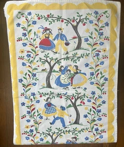 Vintage 1940s Tea Towel Illustrated with Children Playing Amongst Fruit Trees - Picture 1 of 5