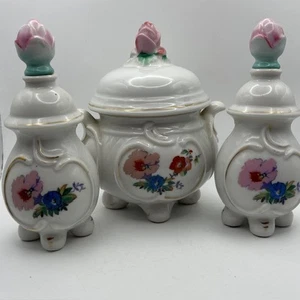 Vintage Japan Vanity Set Perfume Bottles & Powder Jar Floral Rose Tops - Picture 1 of 13