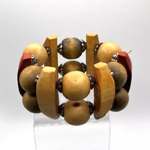 Chunky wooden bracelet silver tone spacers stretchy wood bead costume jewellery - Picture 1 of 6