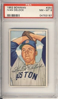 1952 BOWMAN HI # 250 IKE DeLOCK,RED SOX(R)-PSA 8- LOW POP BEAUTY ! - Image 1 of 2