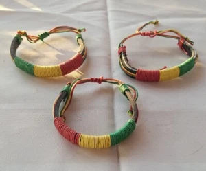 Rasta Thread-Wrapped Genuine Leather Bracelet Black Green Red Yellow - Picture 1 of 4