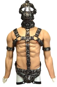 Men Leather Body Chest Harness Black adjustable ,Head harness,muzzle, jockstrap - Picture 1 of 7