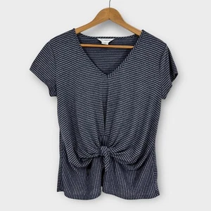 Liz Claiborne Women's Size Medium Blue Gray Striped Tie Front Short Sleeve Shirt - Picture 1 of 8