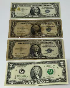 1957A, 1935F, 1935H $1 Blue Seal Silver Certificates and 2013 $2 Notes - Picture 1 of 9