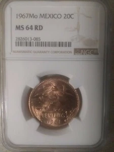 1967, Mexico, 20 Centavos, MS 64 RD, Select BU, Gem Choice, NGC, Unc. - Picture 1 of 2