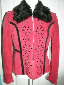 BOSTON PROPER GENUINE Suede LEATHER RED Jewel W/Black CONTRAST JACKET COAT Sz 6 - Picture 1 of 7