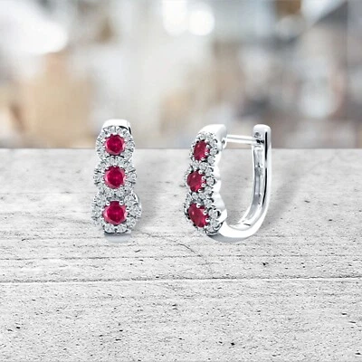 Genuine Ruby Halo Hoop Earrings in Solid Sterling Silver - 2 ct. - Image 1 of 3