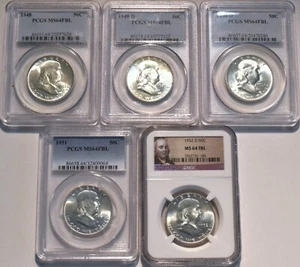 Lot (5) PCGS NGC MS 64 FBL Franklin Silver Half Dollars 1948 1949 D 1950 D 50C - Picture 1 of 12