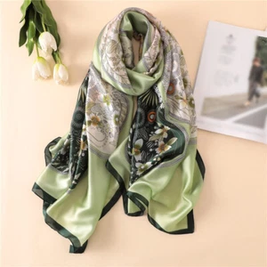 100% Silk Scarf in Green Floral Design - Picture 1 of 7