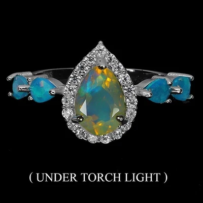 925 Sterling Silver Ring Pear Fire Opal 9x6mm Blue Opal Gemstone Jewelry Sz 9.5 - Image 1 of 4