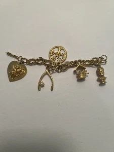 Bracciale Vintage Anni 60 Tono Oro Charm Osso dei Desideri, JFK, Pietre Nascita, Wishing Well Usato in ottime condizioni - Foto 1 di 8