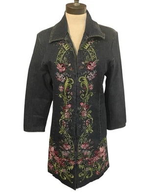 Vintage LIVE A LITTLE Womens Medium Embroidered Floral Trench Denim Jean Jacket - Image 1 of 4