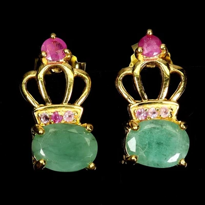 925 Sterling Silver Earrings Oval Emerald 8x6mm Ruby Natural Gemstone Jewelry - Image 1 of 4