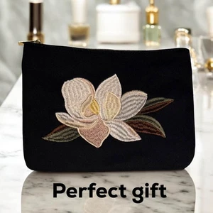 Embroidered Floral Zipper Pouch Bag – Makeup Clutch Purse Black Canvas - Picture 1 of 4