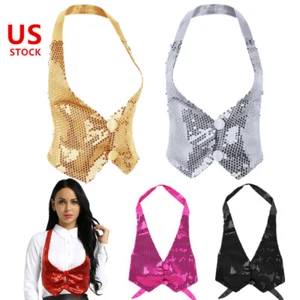 Women's Sequins Vest Sparkly Waistcoat Dance Club Costume Party Show Tank Top - Picture 1 of 64