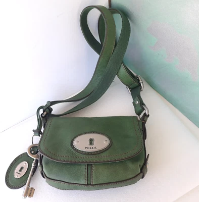 FOSSIL Maddox ~ Bolso Bandolera Pequeño ~ Cuero Verde ~ Cartera Boho con Solapa ~ Usado Una Vez Foto 1 de 4