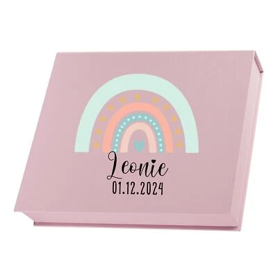 Personalisierte Erinnerungsbox aus Leinen | Motiv Regenbogen Herzen - Bild 1 von 3