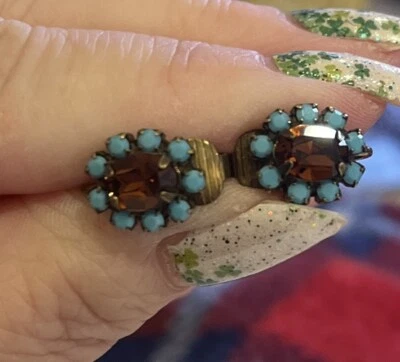 Signed Liz Palacios Floral Design Turquoise & Orange/gold Stone Earrings,Clip On - Image 1 of 4