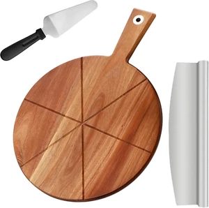 12 Inch Acacia Wood Pizza Peel with Handle and Cutter Set - Picture 1 of 11