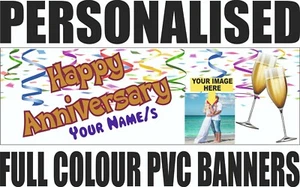 PERSONALISED PVC ANNIVERSARY BANNERS - YOUR NAME/s & PHOTO - IN or OUTDOORS - Picture 1 of 1