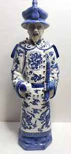 18” Antique Vintage Chinese Blue/White Porcelain Statue Qing Dynasty Emperor - Picture 1 of 18