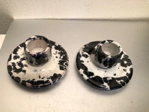 2 RARE Vintage Signed A. R. COLE Pottery Black Drip Splatter Candle Holders - Picture 1 of 4