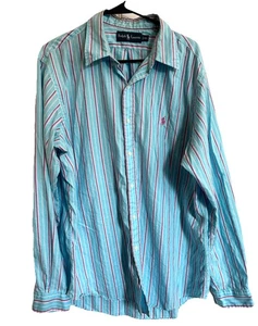 Camisa Ralph Lauren Para Hombre Con Botones Talla XL Azul Rosa Rayas Rosa Poni Preppy - Imagen 1 de 5