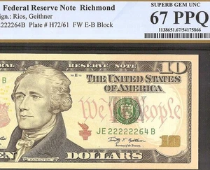 2009 $10 BILL 222222 NEAR SOLID NUMBER FEDERAL RESERVE NOTE PCGS 67 PPQ - Picture 1 of 3