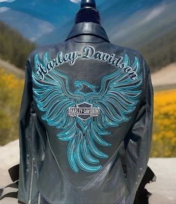 Harley-Davidson Women ARABELLE Leather Jacket Medium 97173-07VW Turquoise Eagle - Image 1 of 4