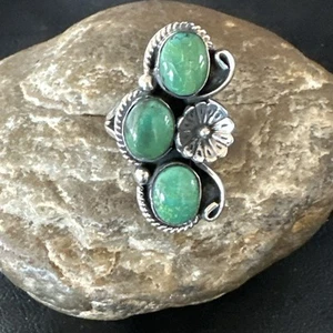 Yazzie Ring Green Turquoise Navajo Sterling Silver Cluster Size 8 19243 - Picture 1 of 13