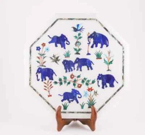 15'' white Marble Center wall panel elephant design Table Top Inlay lapis - Picture 1 of 4