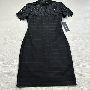Bebe Kleid Damen 6 schwarz A-Linie bestickt hoher Ausschnitt Freizeit gefüttert Neu mit Etikett - Bild 1 von 13