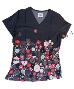 Strictly Scrubs Stretch Top Womens S Gray Floral Stripe V Neck Pockets NWT - Picture 1 of 6