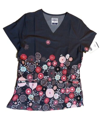 Blusa elástica feminina Strictly Scrubs listra floral cinza bolsos gola V nova com etiquetas - Imagem 1 de 4