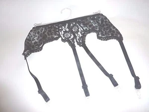 GRAY LEOPARD shiny SATIN 4 strap garter SUSPENDER BELT black lace Made France - Picture 1 of 1