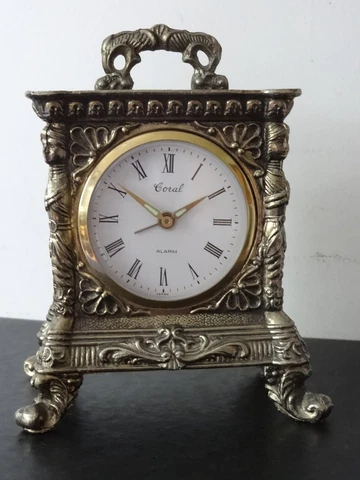 VINTAGE ORNATE CORAL MECHANICAL ALARM CLOCK GILT METAL CASE SPARES OR REPAIR Cover