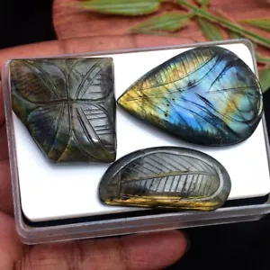 3 Pcs Natural Labradorite 34mm-47mm Hand Carving Flashy Huge Loose Gemstones Lot - Picture 1 of 6